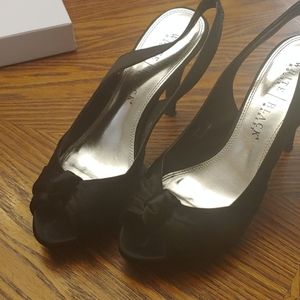 White House Black Market black satin peep toe plat